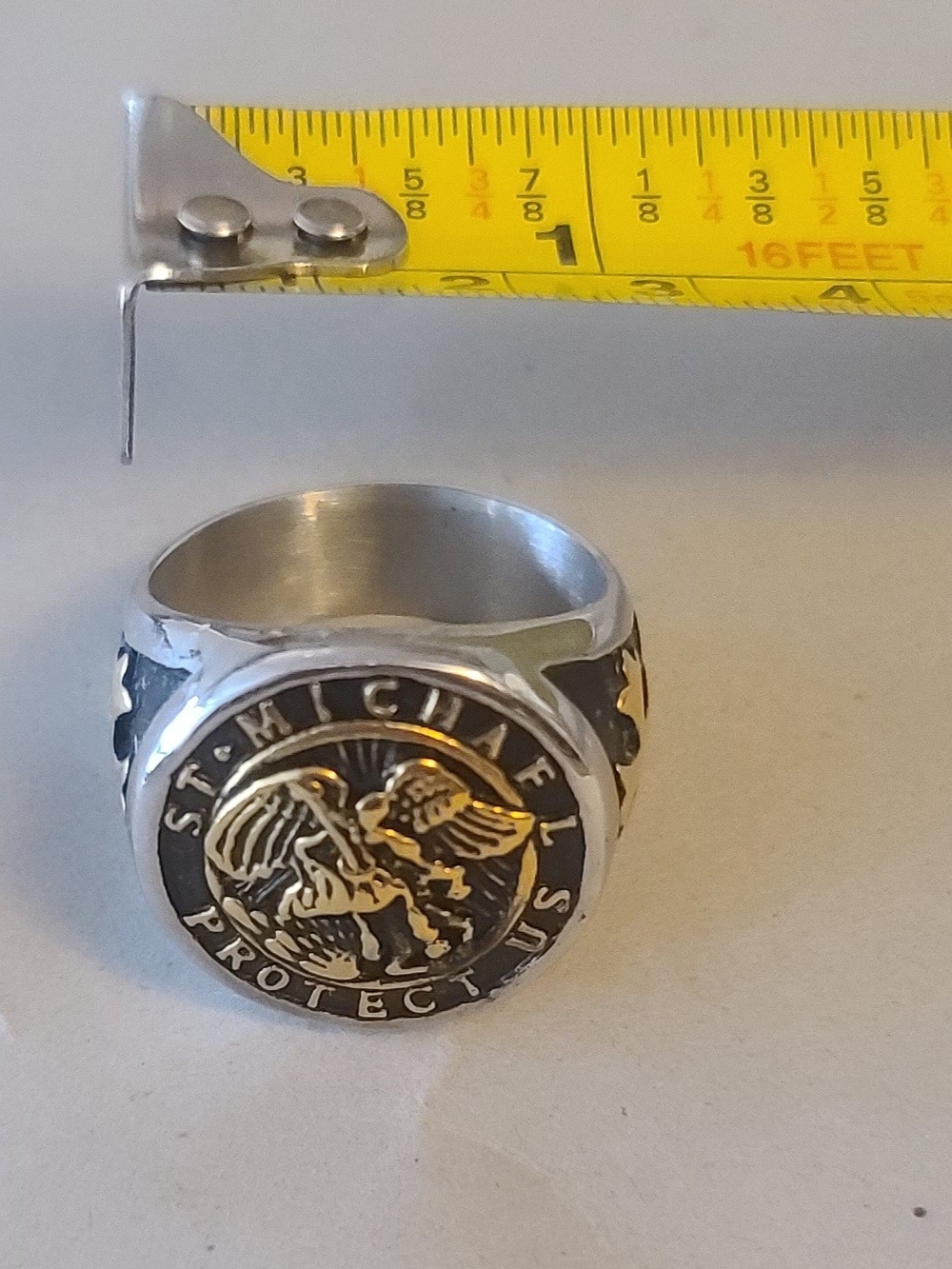 $10 St. Michael Signet Ring - Black, Silver & Gold Tones